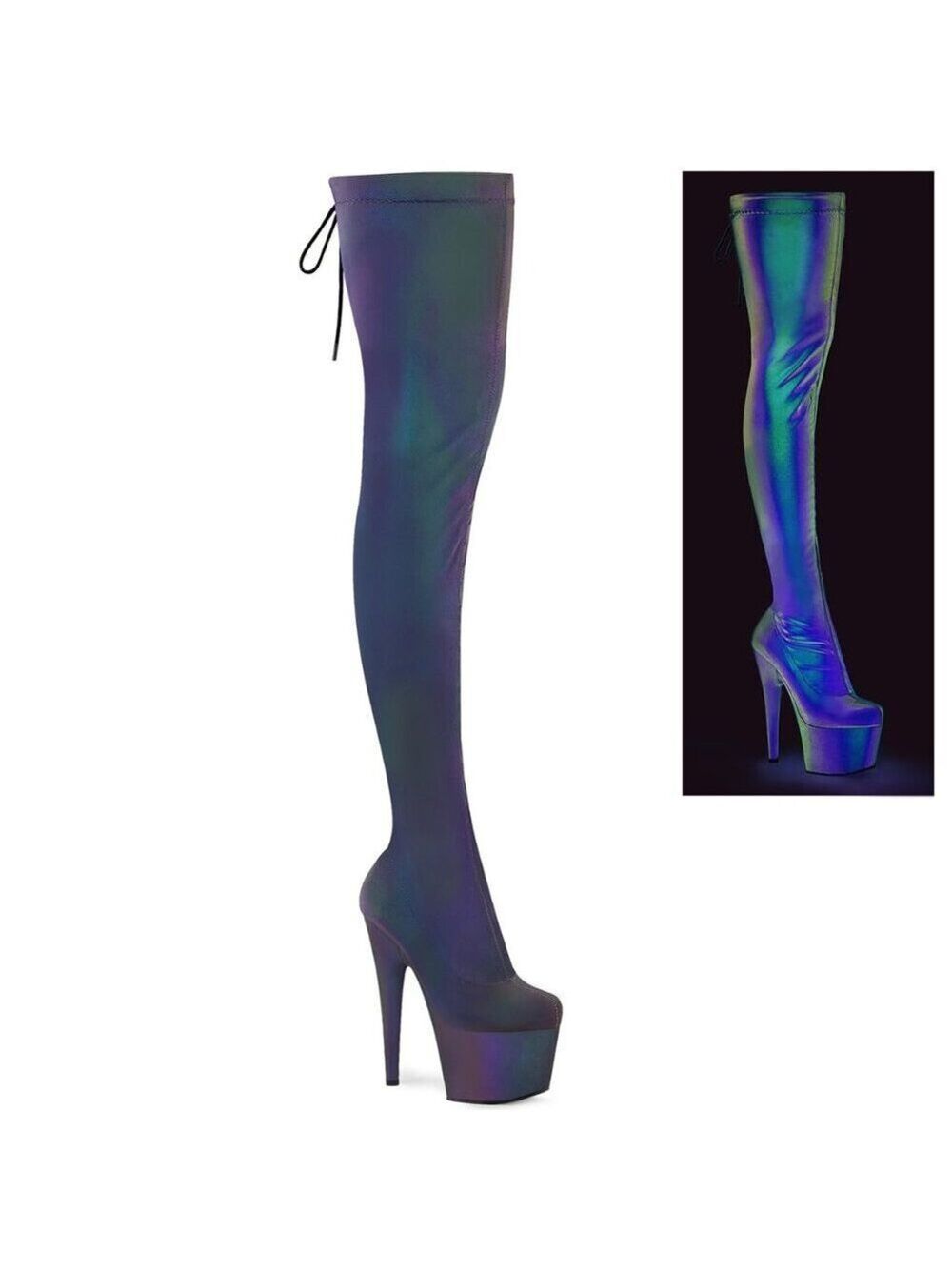 Reflective Stretch Thigh High Platform 7 Inch High Heel Boots 3008